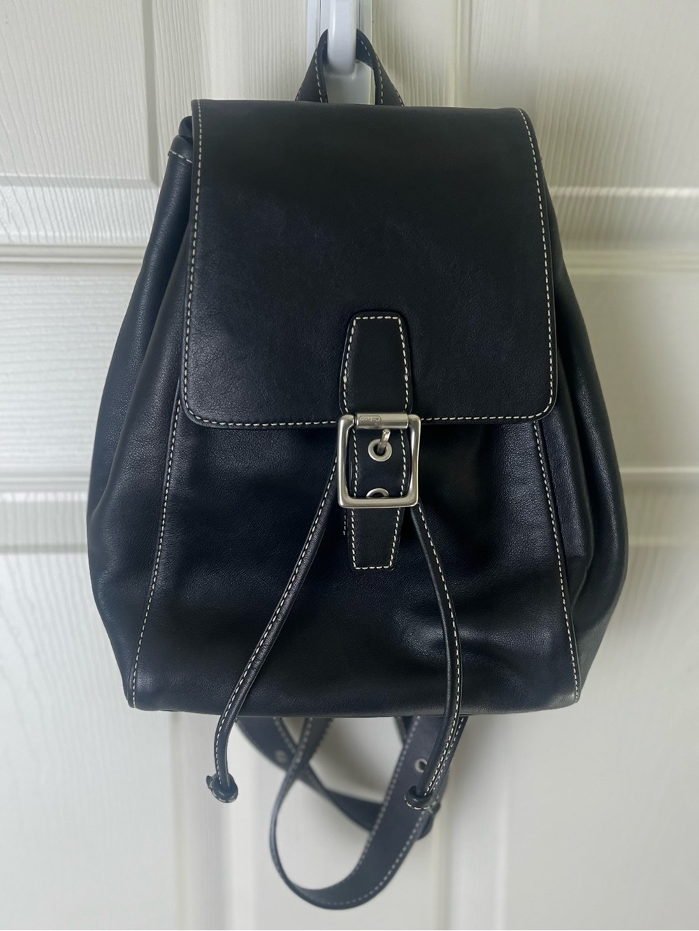 Black Leather Drawstring Backpack with Buckle Accent
